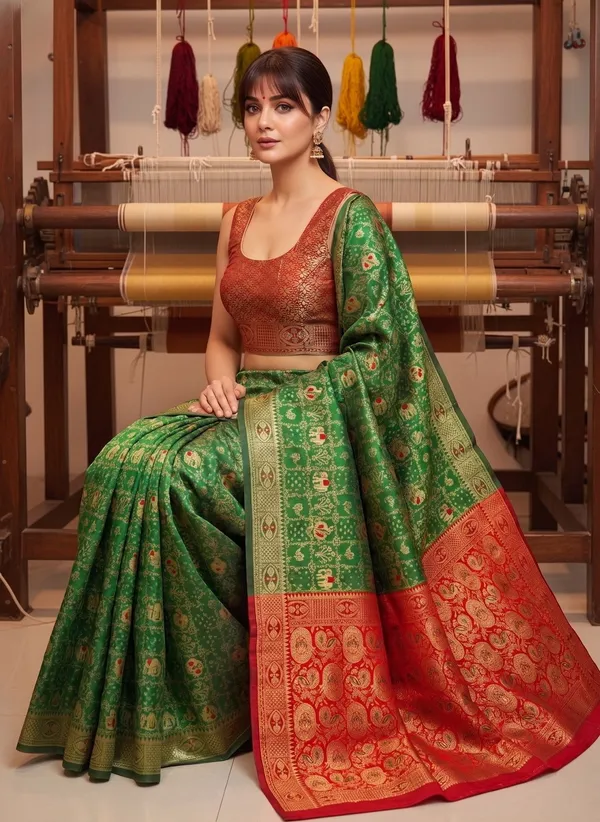 Green_Banarasi_Silk_Blend_Woven_Jacquard_Saree_For_Women_|_With_Blouse_Piece