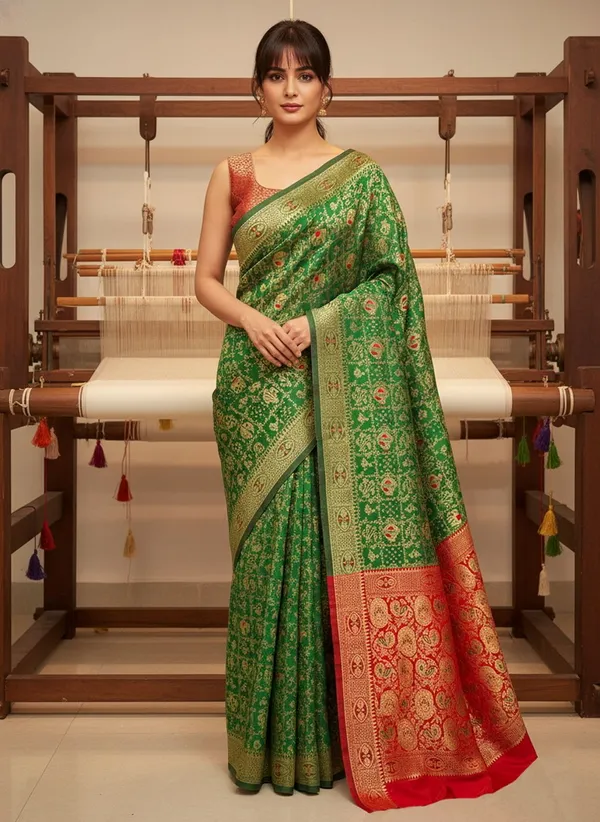 Green_Banarasi_Silk_Blend_Woven_Jacquard_Saree_For_Women_|_With_Blouse_Piece