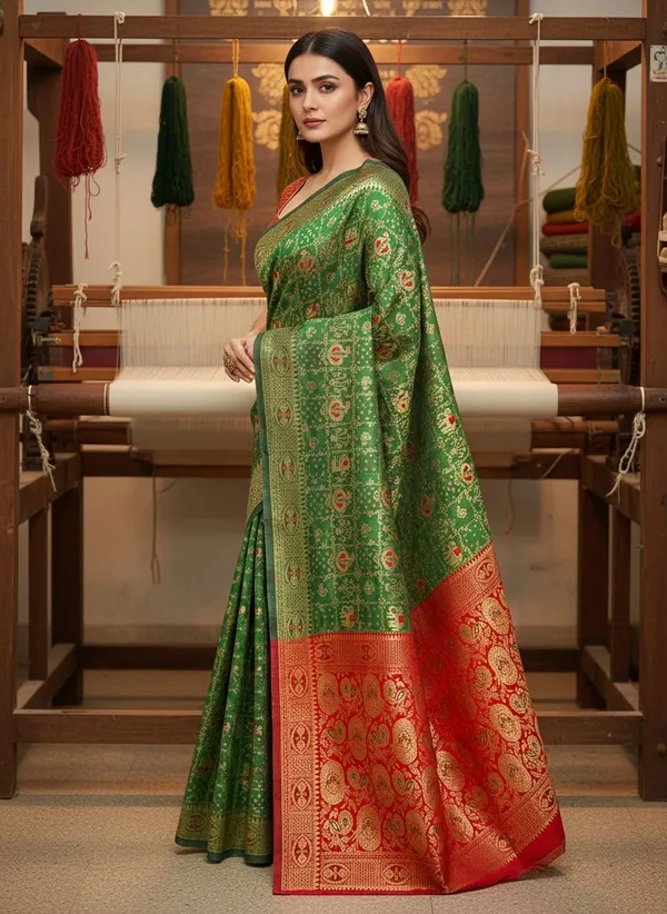 Green_Banarasi_Silk_Blend_Woven_Jacquard_Saree_For_Women_|_With_Blouse_Piece