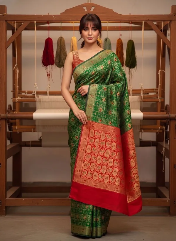 Green_Banarasi_Silk_Blend_Woven_Jacquard_Saree_For_Women_|_With_Blouse_Piece