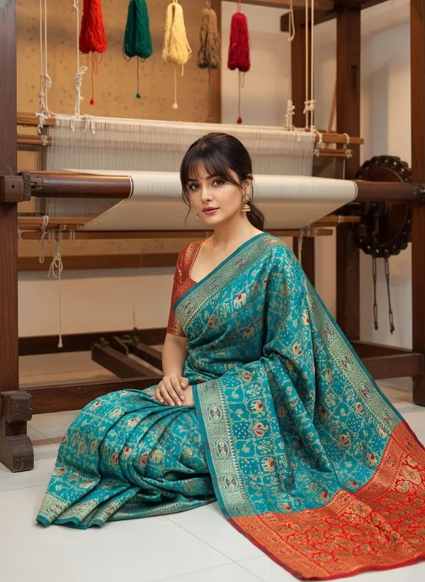 Teal_Blue_Banarasi_Silk_Blend_Woven_Jacquard_Saree_For_Women_|_With_Blouse_Piece