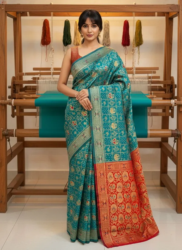Teal_Blue_Banarasi_Silk_Blend_Woven_Jacquard_Saree_For_Women_|_With_Blouse_Piece