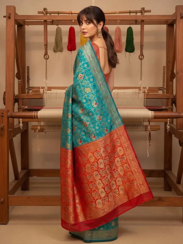 Teal_Blue_Banarasi_Silk_Blend_Woven_Jacquard_Saree_For_Women_|_With_Blouse_Piece