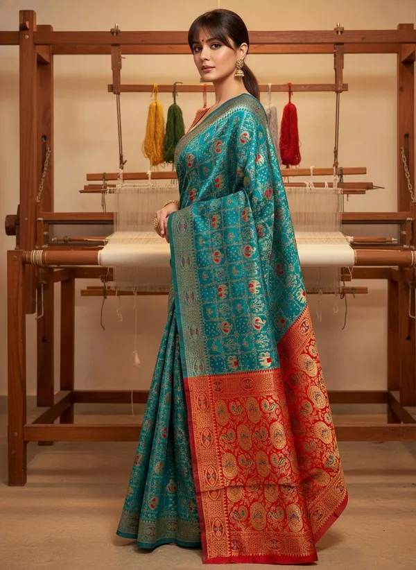 Teal_Blue_Banarasi_Silk_Blend_Woven_Jacquard_Saree_For_Women_|_With_Blouse_Piece