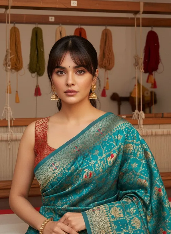 Teal_Blue_Banarasi_Silk_Blend_Woven_Jacquard_Saree_For_Women_|_With_Blouse_Piece