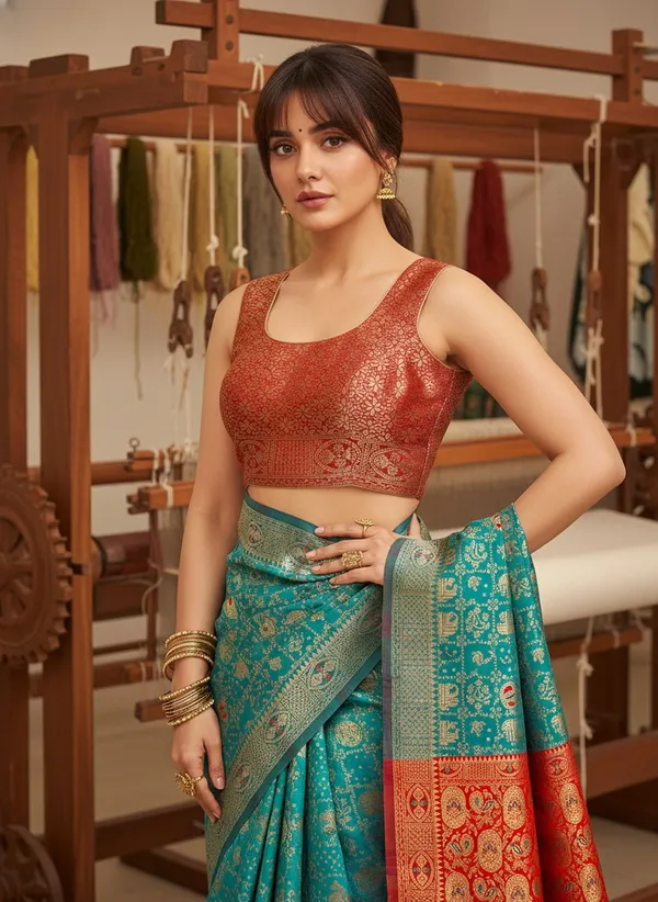 Teal_Blue_Banarasi_Silk_Blend_Woven_Jacquard_Saree_For_Women_|_With_Blouse_Piece