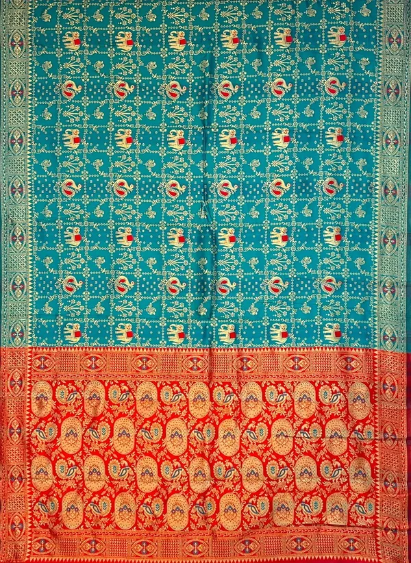 Teal_Blue_Banarasi_Silk_Blend_Woven_Jacquard_Saree_For_Women_|_With_Blouse_Piece