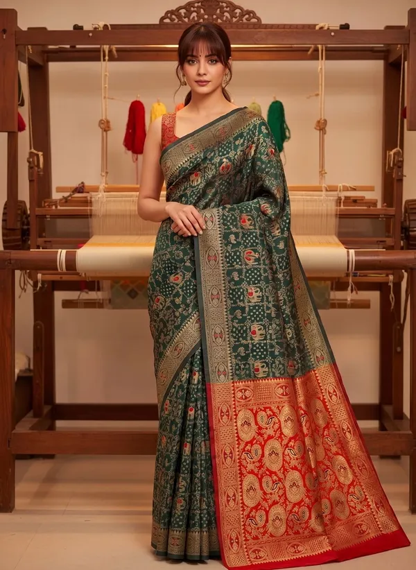 Teal_Green_Banarasi_Silk_Blend_Woven_Jacquard_Saree_For_Women_|_With_Blouse_Piece