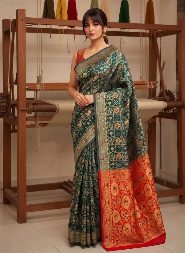 Teal_Green_Banarasi_Silk_Blend_Woven_Jacquard_Saree_For_Women_|_With_Blouse_Piece