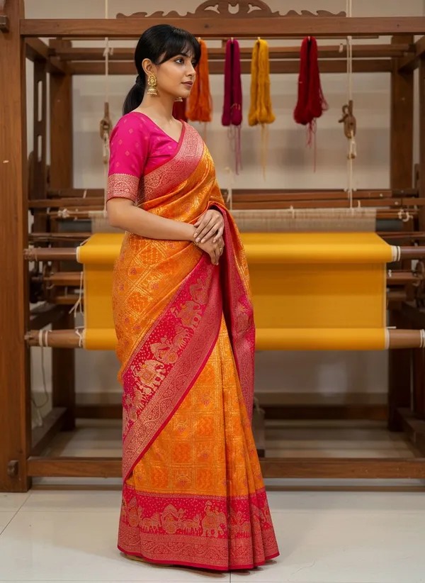 Orange_Kanjivaram_Pure_Silk_Jacquard_Zari_Woven_Saree_For_Women_|_With_Blouse_Piece