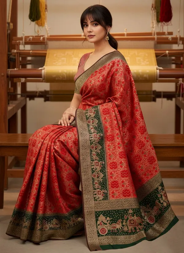 Red_Georgette_Woven_Bandhani_Jacquard_Saree_For_Women_|_With_Blouse_Piece