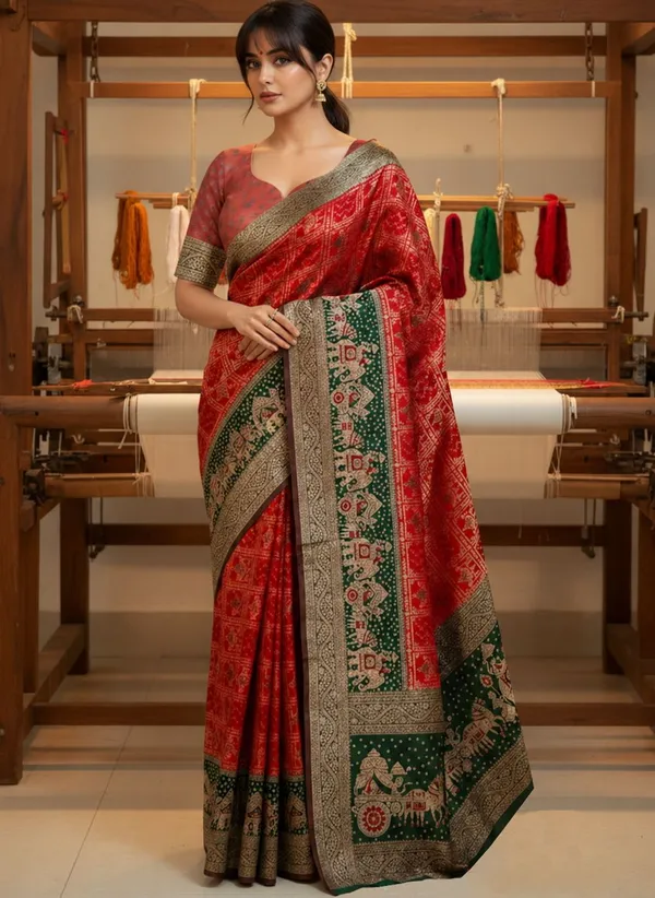 Red_Georgette_Woven_Bandhani_Jacquard_Saree_For_Women_|_With_Blouse_Piece