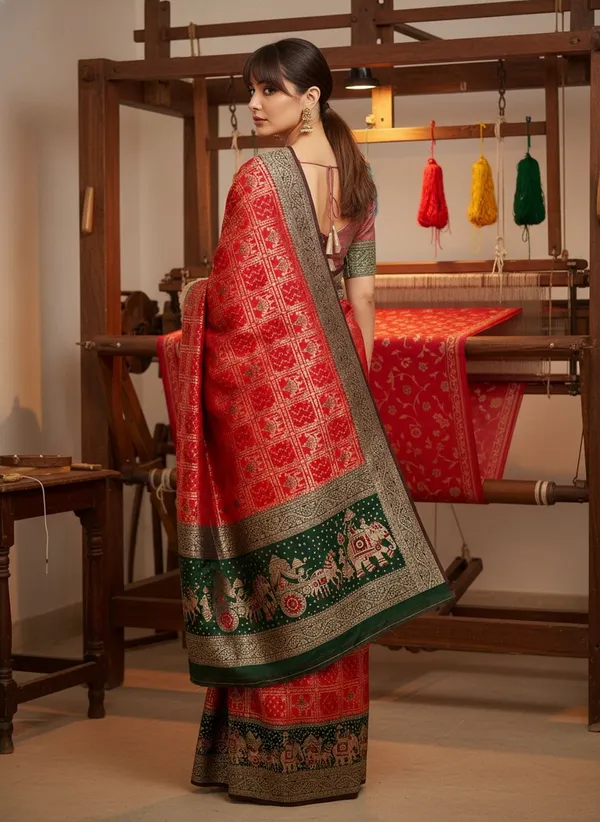 Red_Georgette_Woven_Bandhani_Jacquard_Saree_For_Women_|_With_Blouse_Piece