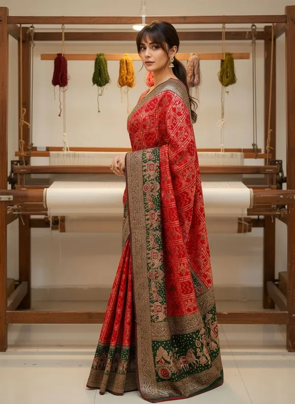 Red_Georgette_Woven_Bandhani_Jacquard_Saree_For_Women_|_With_Blouse_Piece