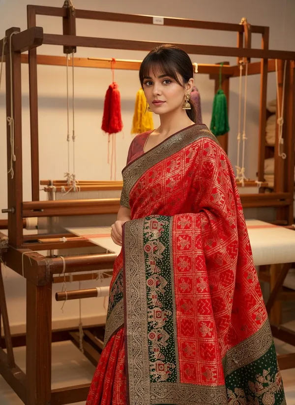Red_Georgette_Woven_Bandhani_Jacquard_Saree_For_Women_|_With_Blouse_Piece