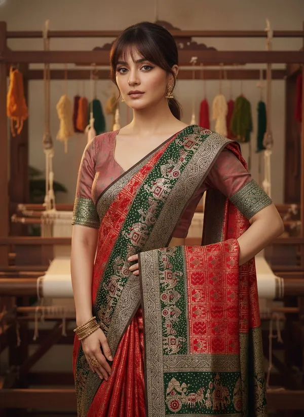 Red_Georgette_Woven_Bandhani_Jacquard_Saree_For_Women_|_With_Blouse_Piece