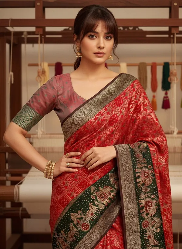 Red_Georgette_Woven_Bandhani_Jacquard_Saree_For_Women_|_With_Blouse_Piece
