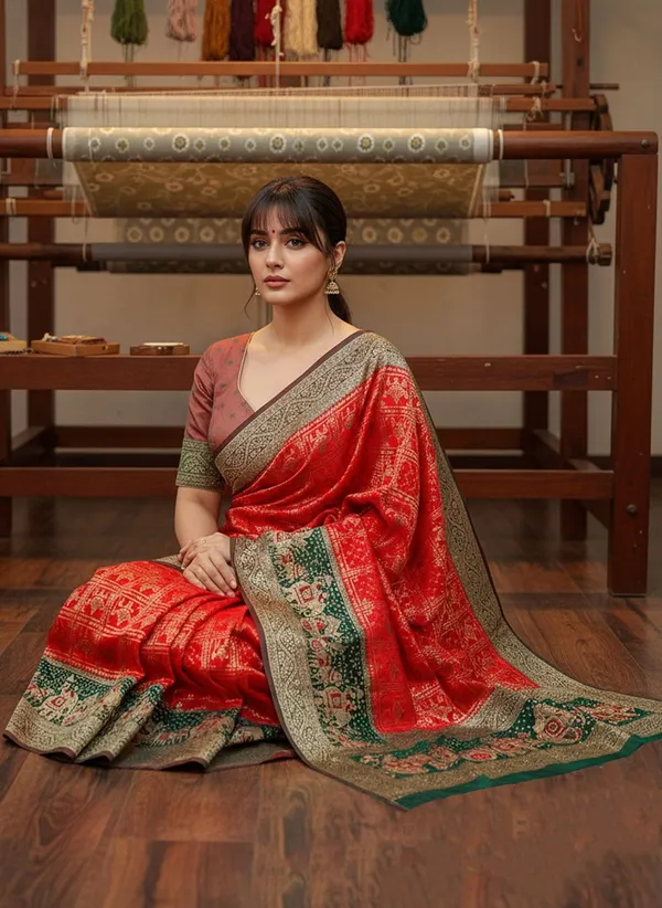 Red_Georgette_Woven_Bandhani_Jacquard_Saree_For_Women_|_With_Blouse_Piece