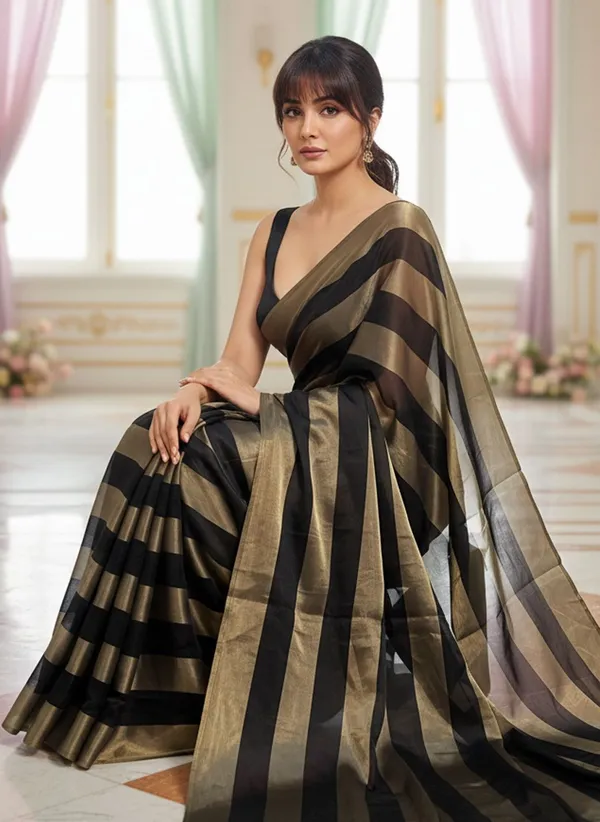 Black_Satin_Striped_Bollywood_Tissue_Saree_For_Women_|_With_Blouse_Piece