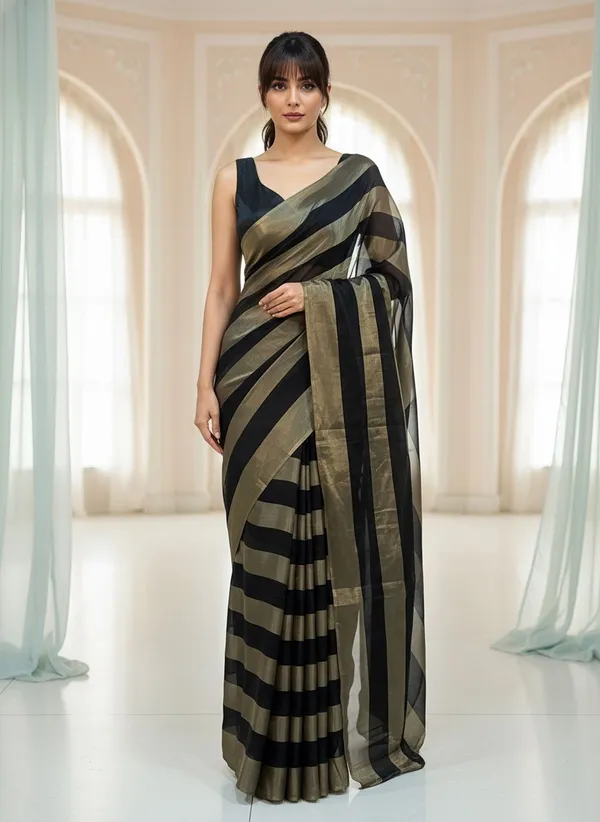 Black_Satin_Striped_Bollywood_Tissue_Saree_For_Women_|_With_Blouse_Piece