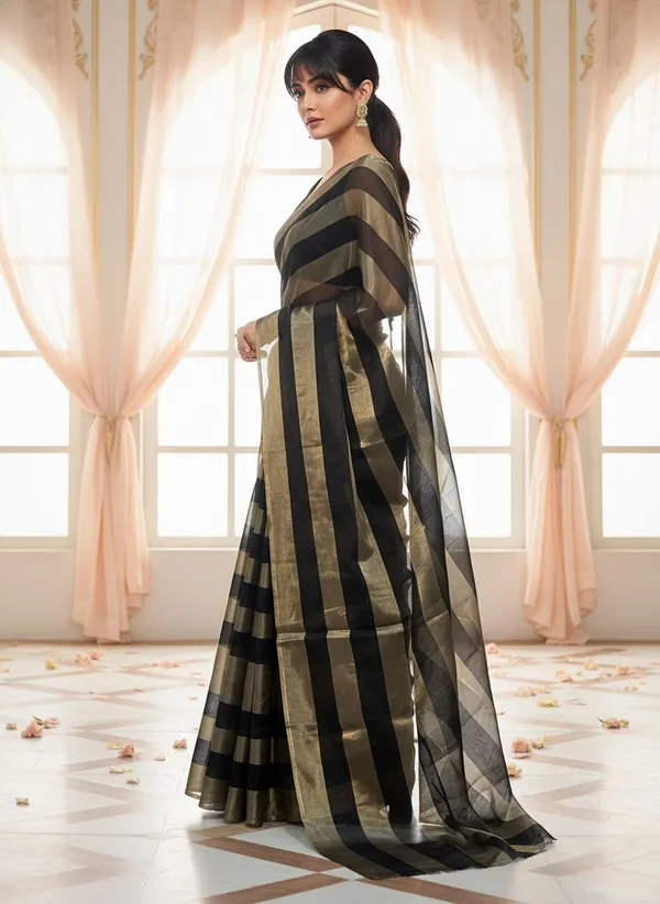 Black_Satin_Striped_Bollywood_Tissue_Saree_For_Women_|_With_Blouse_Piece