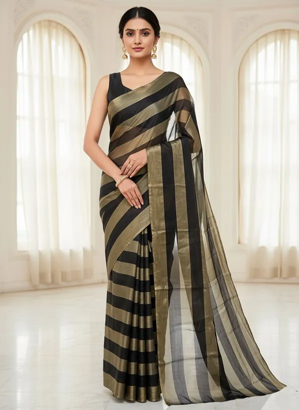 Black_Satin_Striped_Bollywood_Tissue_Saree_For_Women_|_With_Blouse_Piece