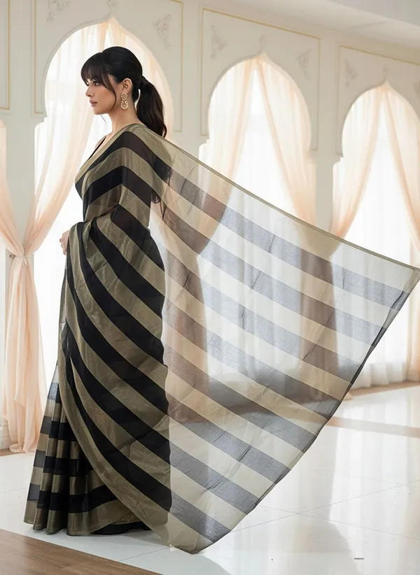 Black_Satin_Striped_Bollywood_Tissue_Saree_For_Women_|_With_Blouse_Piece