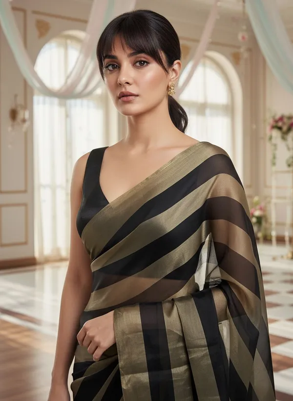 Black_Satin_Striped_Bollywood_Tissue_Saree_For_Women_|_With_Blouse_Piece