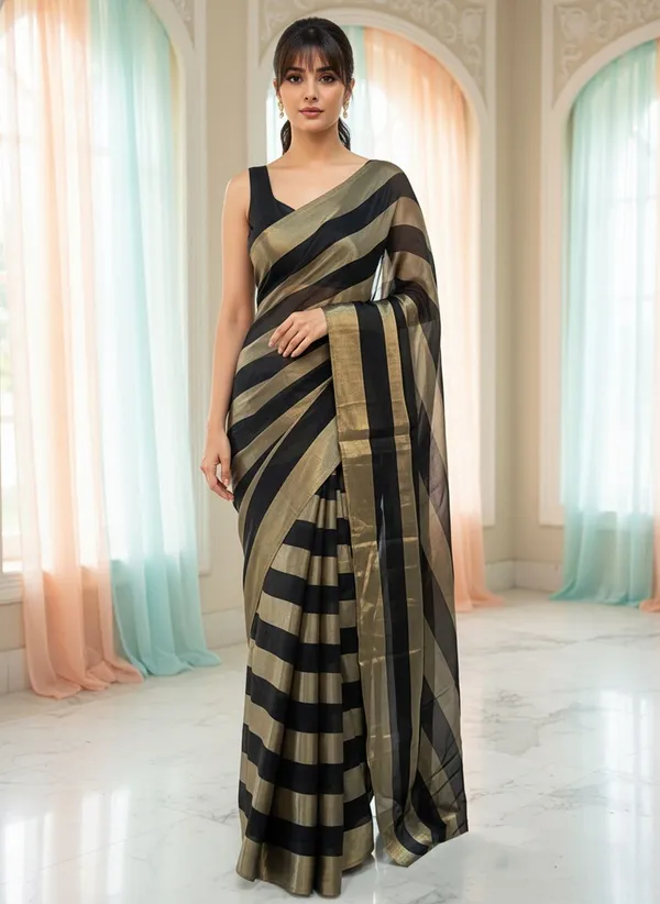Black_Satin_Striped_Bollywood_Tissue_Saree_For_Women_|_With_Blouse_Piece