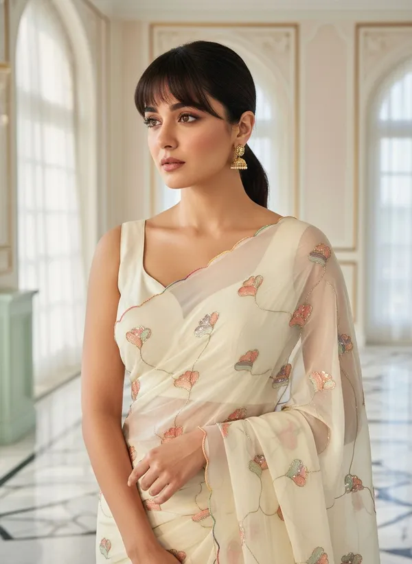 Cream_Georgette_Embroidered_Sequin_Beads_Saree_For_Women_|_With_Blouse_Piece