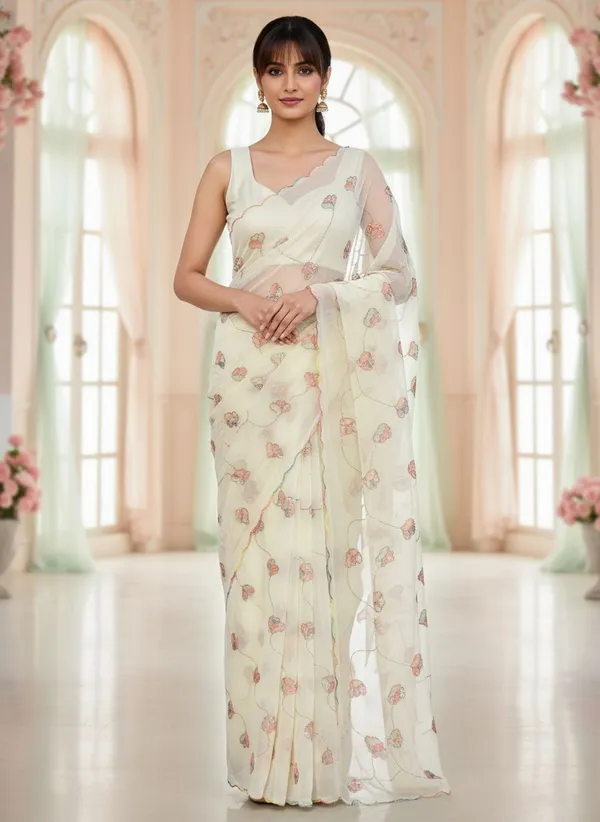 Cream_Georgette_Embroidered_Sequin_Beads_Saree_For_Women_|_With_Blouse_Piece