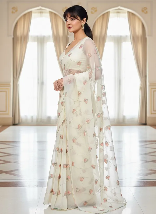 Cream_Georgette_Embroidered_Sequin_Beads_Saree_For_Women_|_With_Blouse_Piece