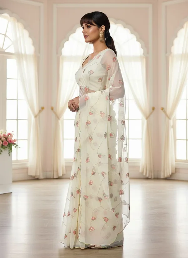 Cream_Georgette_Embroidered_Sequin_Beads_Saree_For_Women_|_With_Blouse_Piece