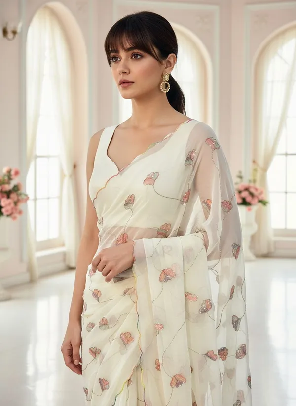 Cream_Georgette_Embroidered_Sequin_Beads_Saree_For_Women_|_With_Blouse_Piece