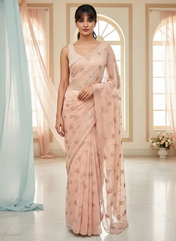 Orange_Georgette_Sequin_Beads_Embroidered_Scallop_Border_Saree_For_Women_|_With_Blouse_Piece