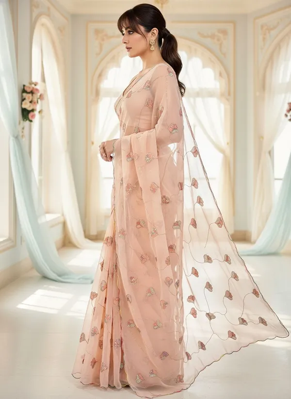 Orange_Georgette_Sequin_Beads_Embroidered_Scallop_Border_Saree_For_Women_|_With_Blouse_Piece