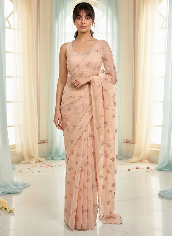 Orange_Georgette_Sequin_Beads_Embroidered_Scallop_Border_Saree_For_Women_|_With_Blouse_Piece