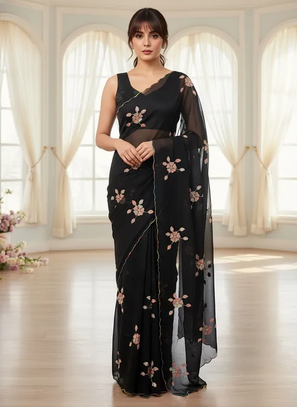 Black_Georgette_Embroidered_Sequin_Saree_For_Women_|_With_Blouse_Piece