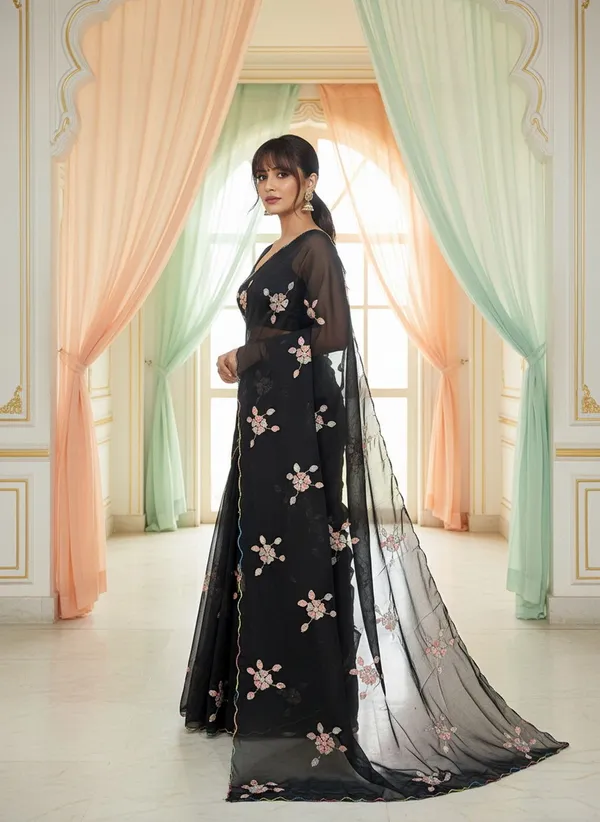 Black_Georgette_Embroidered_Sequin_Saree_For_Women_|_With_Blouse_Piece