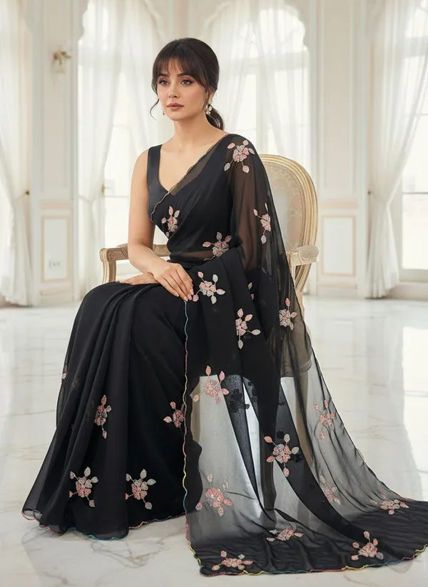 Black_Georgette_Embroidered_Sequin_Saree_For_Women_|_With_Blouse_Piece