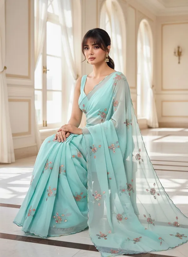 Blue_Georgette_Embellished_Sequin_Beads_Saree_For_Women_|_With_Blouse_Piece