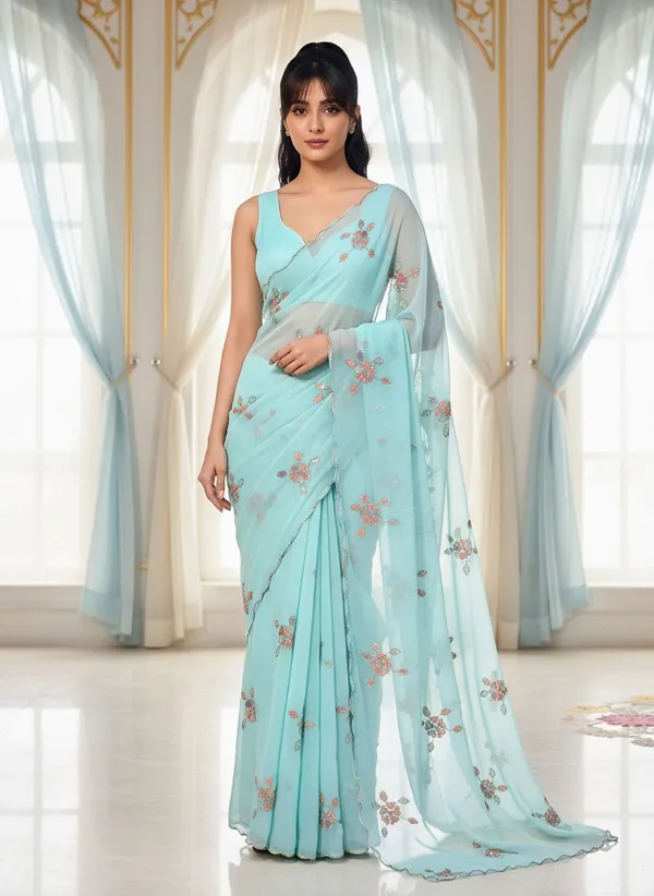 Blue_Georgette_Embellished_Sequin_Beads_Saree_For_Women_|_With_Blouse_Piece