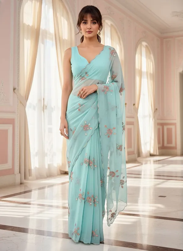 Blue_Georgette_Embellished_Sequin_Beads_Saree_For_Women_|_With_Blouse_Piece