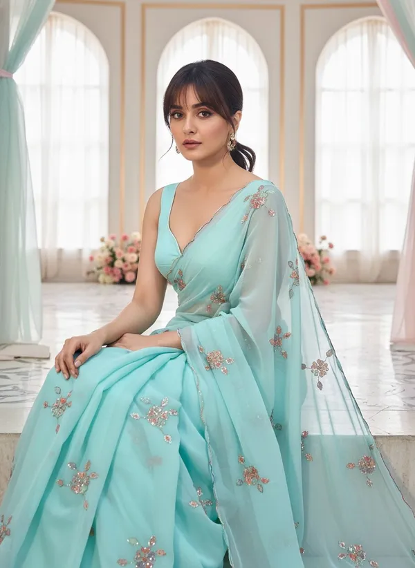 Blue_Georgette_Embellished_Sequin_Beads_Saree_For_Women_|_With_Blouse_Piece