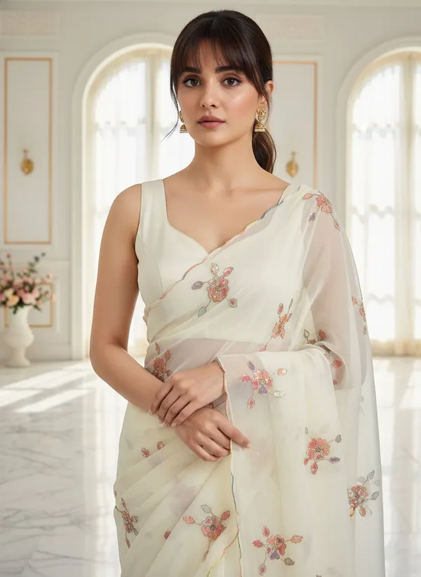 Cream_Georgette_Sequence_Beads_Embroidered_Floral_Saree_For_Women_|_With_Blouse_Piece