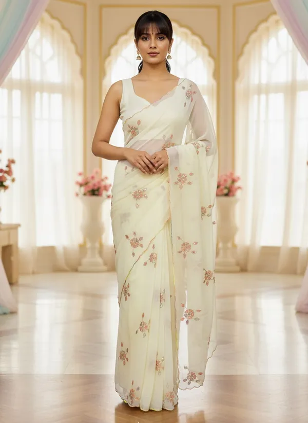 Cream_Georgette_Sequence_Beads_Embroidered_Floral_Saree_For_Women_|_With_Blouse_Piece