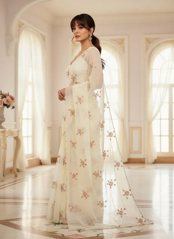 Cream_Georgette_Sequence_Beads_Embroidered_Floral_Saree_For_Women_|_With_Blouse_Piece