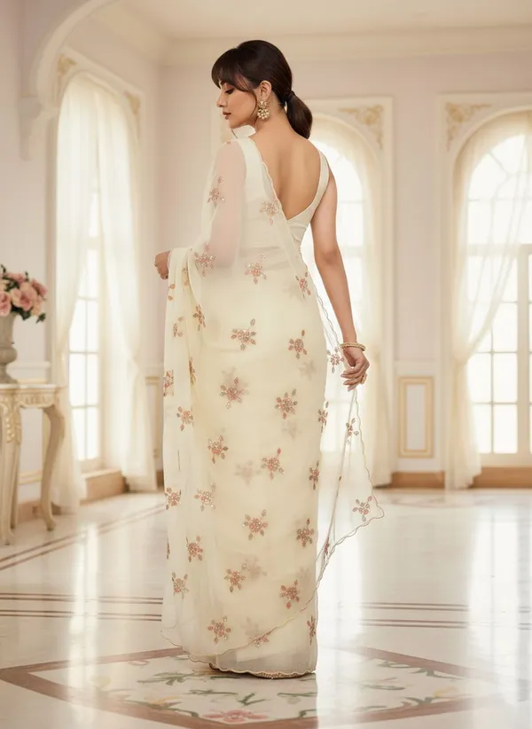 Cream_Georgette_Sequence_Beads_Embroidered_Floral_Saree_For_Women_|_With_Blouse_Piece