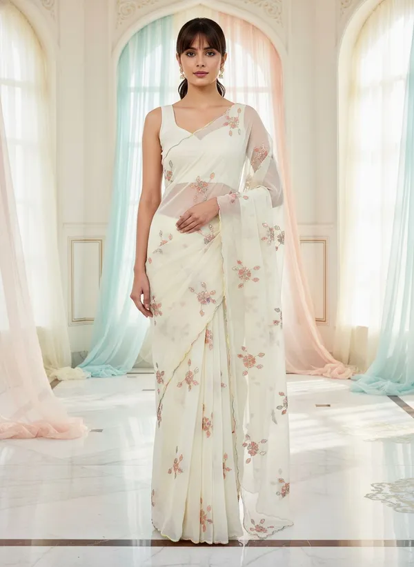 Cream_Georgette_Sequence_Beads_Embroidered_Floral_Saree_For_Women_|_With_Blouse_Piece