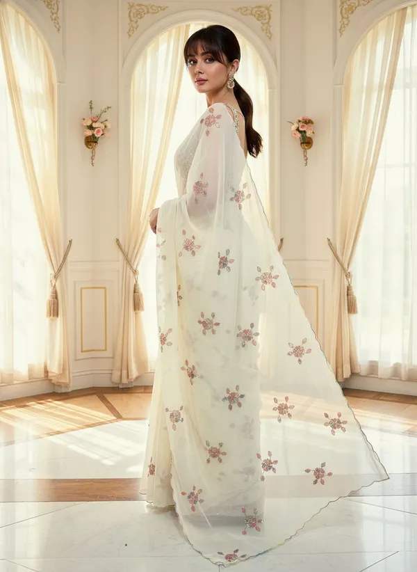 Cream_Georgette_Sequence_Beads_Embroidered_Floral_Saree_For_Women_|_With_Blouse_Piece